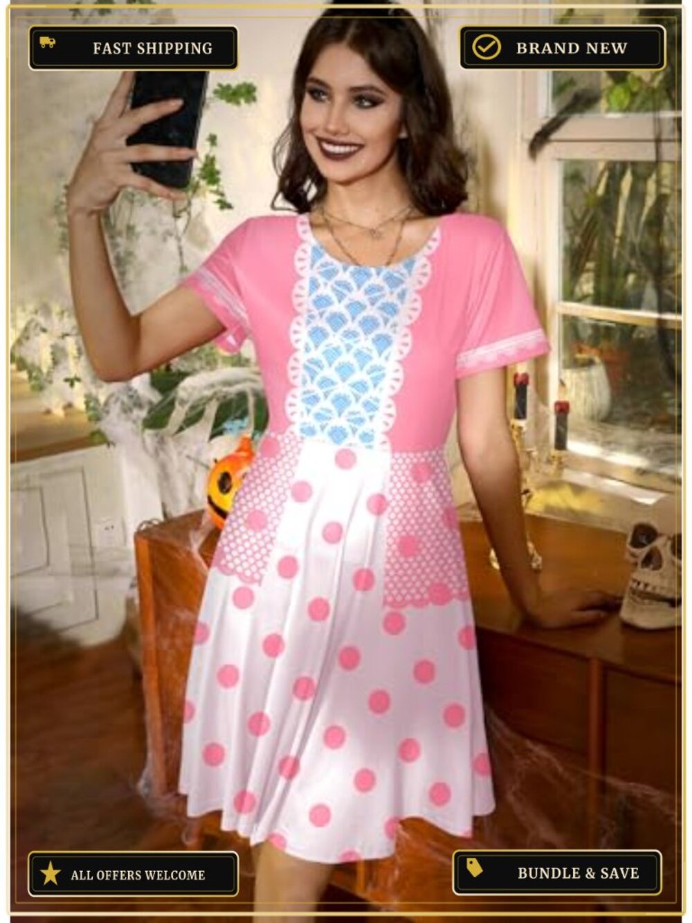 Women Halloween Short Sleeve Printed Midi Dress A-Line Party Costume - Picture 4 of 6